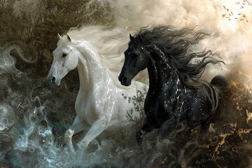 Obraz na płótnie Canvas Dreams Take Flight: Fantastic Horse Duo Artwork