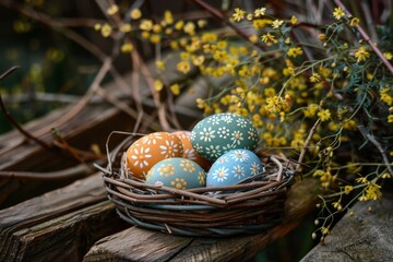 An aesthetic composition of Easter eggs adorned with green patterns, placed in a twig nest beside blooming yellow flowers