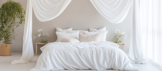 A white bed with crisp white sheets and fluffy pillows is the focal point of a room. The simple and clean design creates a sense of comfort and relaxation.