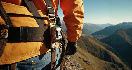 Worker fall arrest device with safety belt hooks. Work on high-altitude equipment.