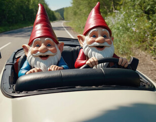 Cheerful gnomes are riding in a convertible.