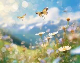 Dragonflies and butterflies fly over meadow flowers against a blue sky with white clouds, bokeh, shallow depth of field