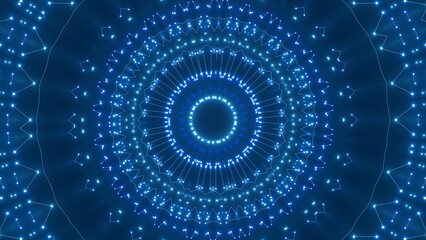 futuristische blau leuchtende synchrone Netzwerkverknüpfungen mit Knotenpunkten, Fraktal, Muster, Kreis, Verbindungen, KI, Internet, Server, Plexuseffekt, System, FTTH, Daten, leuchten
 - obrazy, fototapety, plakaty