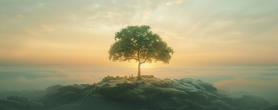 Alone small tree growing with sunrise. green world and earth day concept.