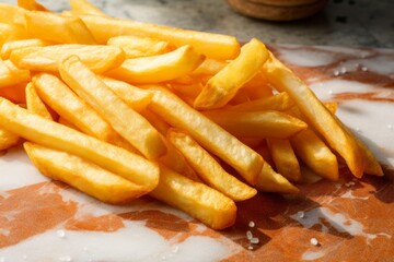Detailed close-up photography of a delicious french fries on a marble slab against a bamboo background. AI Generation