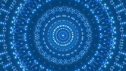 futuristische blau leuchtende synchrone Netzwerkverknüpfungen mit Knotenpunkten, Fraktal, Muster, Kreis, Verbindungen, KI, Internet, Server, Plexuseffekt, System, FTTH, Daten, leuchten
