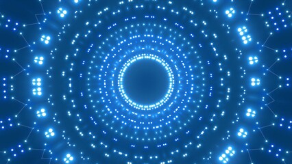 futuristische blau leuchtende synchrone Netzwerkverknüpfungen mit Knotenpunkten, Fraktal, Muster, Kreis, Verbindungen, KI, Internet, Server, Plexuseffekt, System, FTTH, Daten, leuchten
