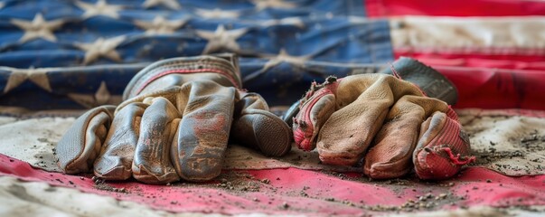 Old and worn work gloves on large American flag - Labor day background