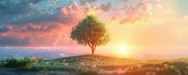 panorama small tree growing with sunrise. green world and earth day concept