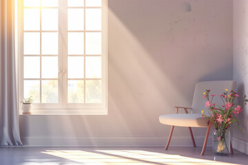 A serene white room is graced with a chair and a vase of flowers, bathed in the gentle glow of sunlight streaming through the window