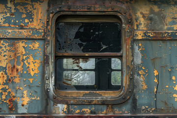 Fototapeta na wymiar A shattered and stained window frames the rusted remains of a vehicle, a haunting reminder of decay and abandonment
