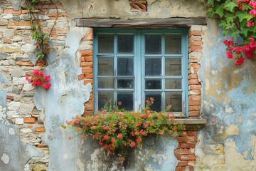 Fototapeta na wymiar A charming window nestled within a brick wall, adorned with decorative elements and framed by blossoming flowers