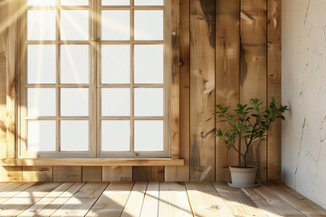 Warm sunlight streams through a large window, casting a radiant glow that beautifully illuminates a wooden floor and the intricately textured wood paneling on the walls