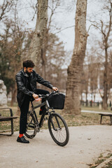 A stylish businessman utilizes a park setting for remote work, merging business with the...