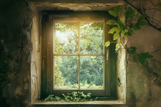 A close-up image capturing the weathered charm of an old window with peeling paint set in cement, complemented by a vibrant plant spilling from a dark green window box below