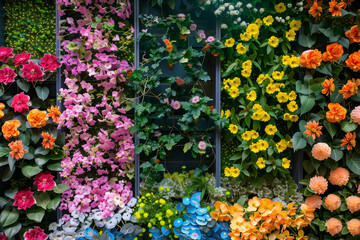 A folding window filled with an array of beautifully arranged colorful flowers
