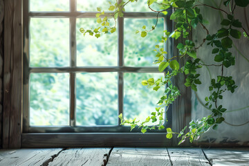 A wooden-framed window on a wooden floor adorned with green plants