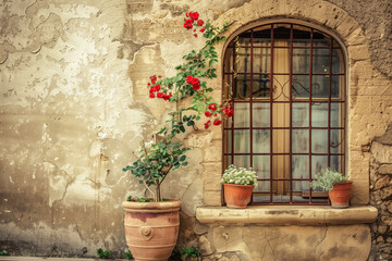 Fototapeta na wymiar A window on an old cement wall adorned with flower pots placed on one side