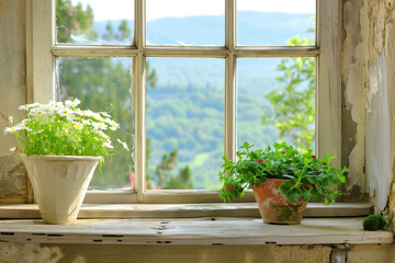 A wooden-framed window with lattice adorned with white flower pot