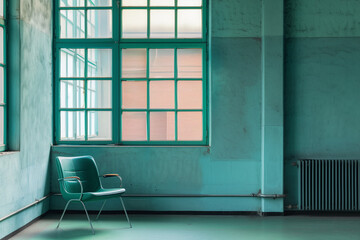 An image of a room with blue tones, featuring a window and a blue chair placed in the corner