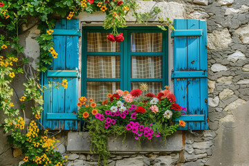 Fototapeta na wymiar A blue wooden window on a cement wall adorned with a variety of colorful flowers