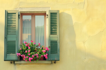 A window on a yellow-colored wall adorned with a flower pot for decoration