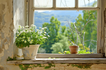 A wooden-framed window with lattice adorned with white flower pot