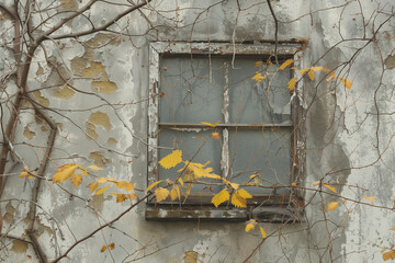 A window with a wooden frame and a weathered, faded wall, offering views of tree branches
