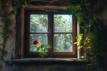 A window with a wooden frame on a textured and weathered wall, surrounded by climbing vines