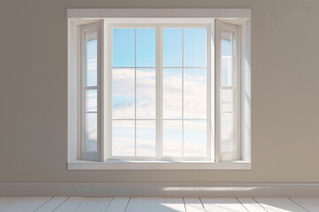 A white window on a spacious white-walled room, with a view of white clouds in the sky