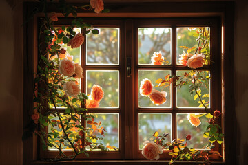 A window with a wooden frame adorned by roses around it
