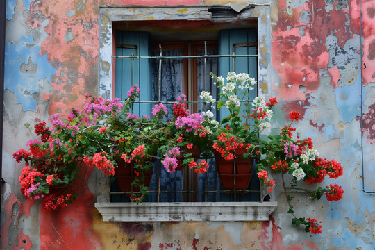 An old wooden-framed window on a weathered, peeling-paint wall adorned with an array of colorful flowers