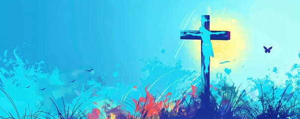 Blue background with Jesus on cross for good friday - obrazy, fototapety, plakaty