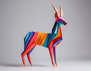 Origami antelope made of colored paper. Three-dimensional figurine