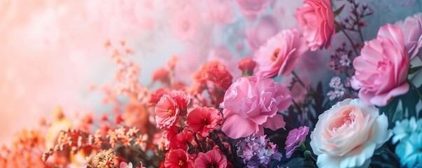 A variety of colorful flowers, an abstract nature backdrop with a pastel gradient sky. Concept of...
