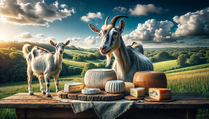 Captivating scene of a goat beside homemade goat cheese on a rustic table, set in a lush meadow under a clear sky, showcasing sustainable farming and artisanal cheese-making. - obrazy, fototapety, plakaty