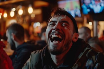 Obraz premium Lively social scene in a bar with patrons illuminated by ambient neon lighting and TVs
