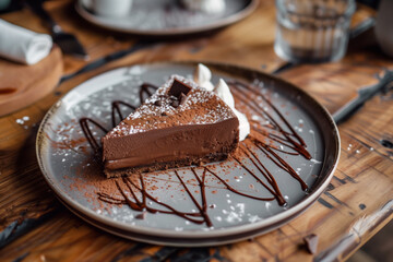 Chocolate cheesecake. Chocolate cake. Piece of cake on a plate. Piece of cheesecake.