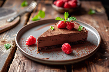 Delicious chocolate cheesecake with fresh raspberries. No baked cheesecake with berries. Piece of...