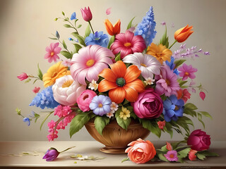 Obraz na płótnie Canvas Colorful beautiful flower art flower arrangement decoration wallpaper background ai generated 