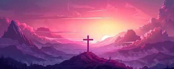 Cross and Crown of thorns on the mountain with sunset. Good friday background banner. Christian concept design. vector art illustration - obrazy, fototapety, plakaty