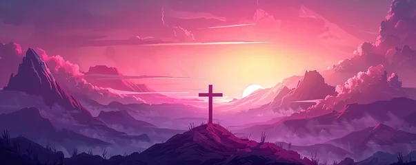 Foto op Plexiglas Cross and Crown of thorns on the mountain with sunset. Good friday background banner. Christian concept design. vector art illustration © Влада Яковенко
