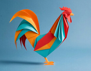 Origami rooster made of colored paper. Three-dimensional figurine