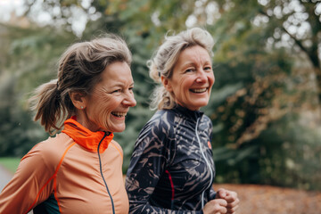 Two Sporty Senior Woman Jogging Together In Park, Happy Older Ladies Running Outdoors, Mature Friends Training Outside, Enjoying Active Lifestyle, lesbian couple jogging, retired woman