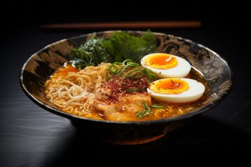 Highly detailed close-up photography of a juicy ramen on a marble slab against a velvet background. AI Generation