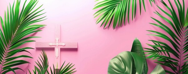 Palm cross and palm leaves. Palm sunday and easter day concept. - obrazy, fototapety, plakaty