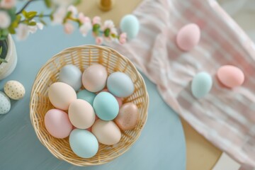A top view of Easter eggs in soft pastel colors placed gently in a natural woven basket on a table