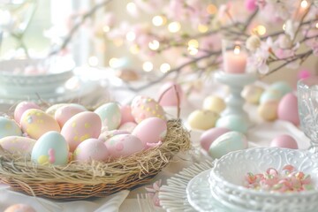 Fototapeta na wymiar Pastel-colored Easter eggs surrounded by blooming branches on a beautifully set table with a festive mood