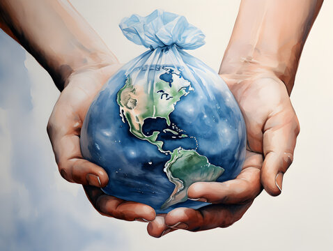 Watercolor illustration of male hands holding a plastic bag with earth globe inside