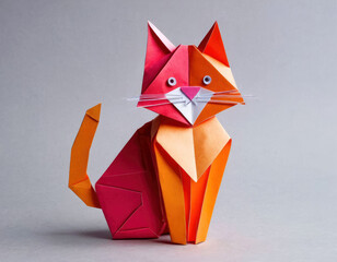 Origami cat made of colored paper. Three-dimensional figurine
